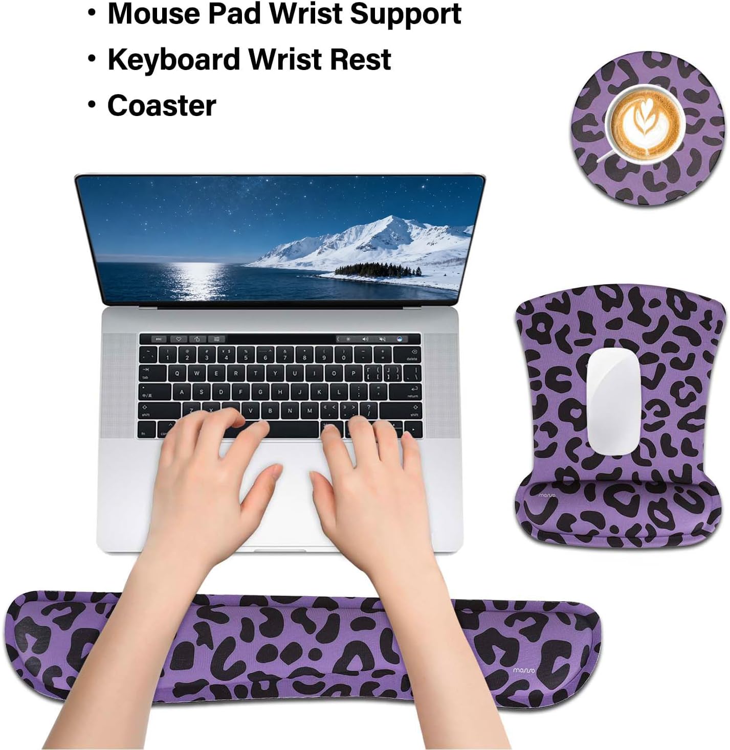 MOSISO Wrist Rest Support for Mouse Pad&Keyboard Set, Leopard Grain Ergonomic Mousepad&Coaster Non-Slip Base Home/Office Pain Relief&Easy Typing Cushion with Neoprene Cloth&Raised Memory Foam, Black