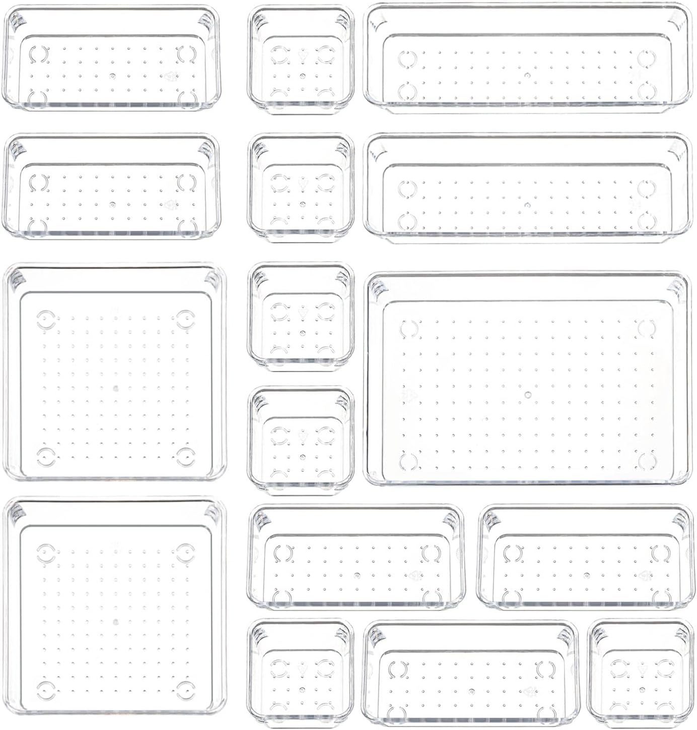 16 PCS Plastic Clear Drawer Organizer Set, 5 Sizes Desk Office Drawer Organizing Trays and Divider,Storage Bins for Makeup,Snack,Jewelry,Kitchen,Bedroom, Bathroom vanity Accessories Containers