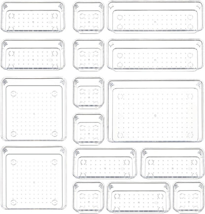 16 PCS Plastic Clear Drawer Organizer Set, 5 Sizes Desk Office Drawer Organizing Trays and Divider,Storage Bins for Makeup,Snack,Jewelry,Kitchen,Bedroom, Bathroom vanity Accessories Containers
