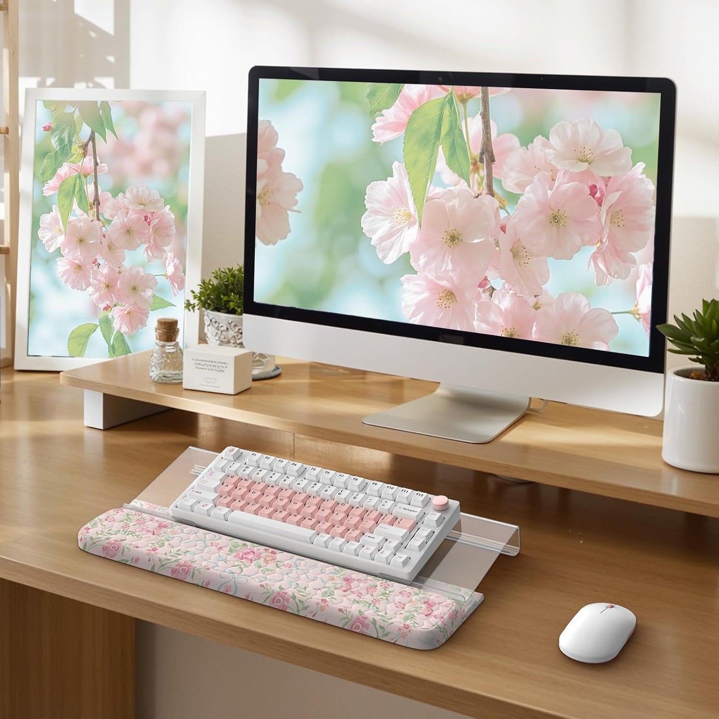 2 in 1 Keyboard Stand for Desktop, Floral Wrist Support for Keyboards, Anti-Fatigue Memory Foam Wrist Rest for Computer, 3-Angle Adjustable Keyboard Riser for Office Home (Pink Bow)