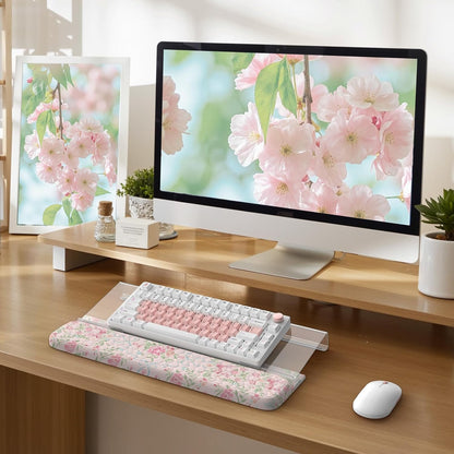 2 in 1 Keyboard Stand for Desktop, Floral Wrist Support for Keyboards, Anti-Fatigue Memory Foam Wrist Rest for Computer, 3-Angle Adjustable Keyboard Riser for Office Home (Pink Bow)