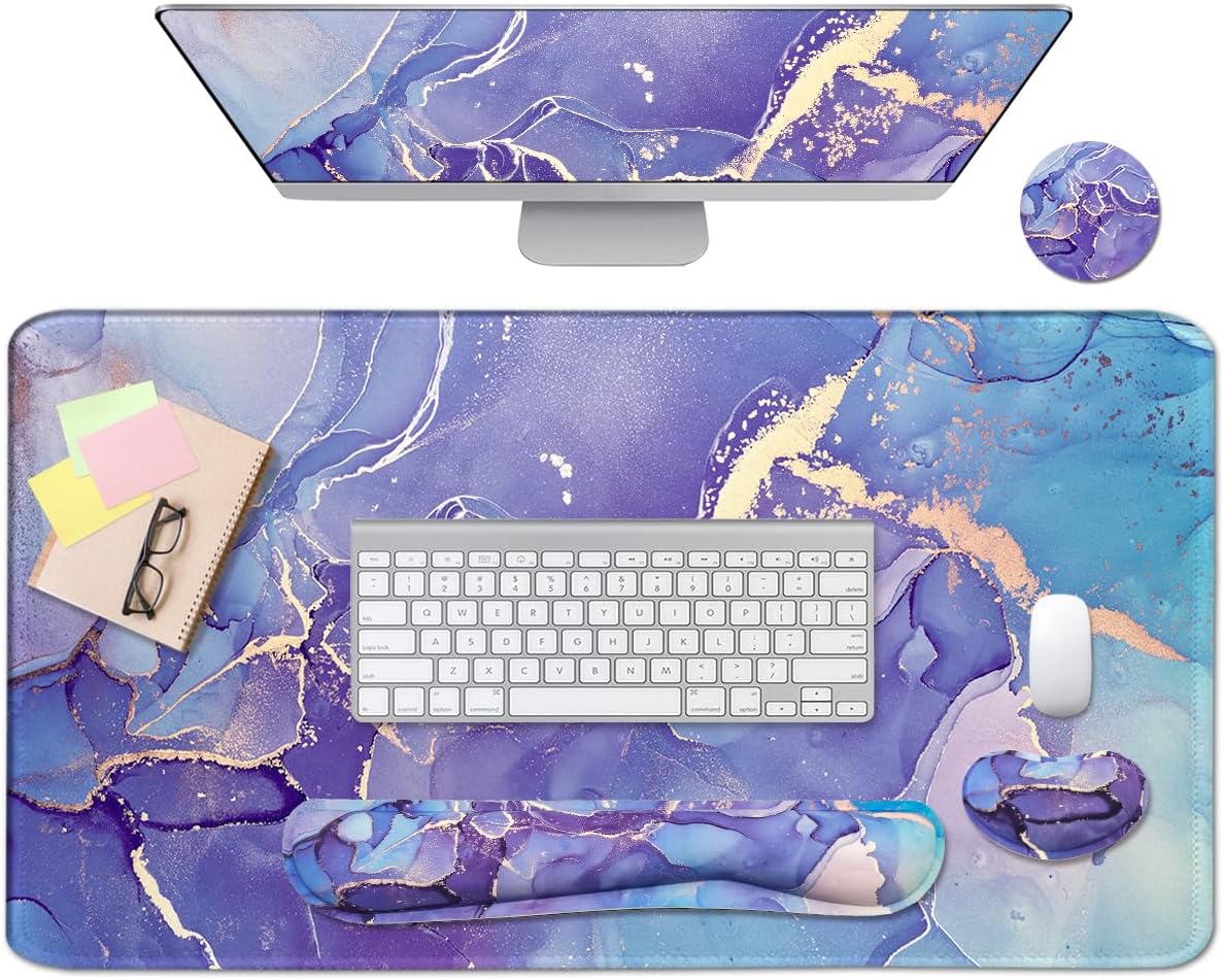 4-in-1 Large Mouse Pad, Keyboard Wrist Rest Pad & Wrist Support Mousepad Set, Extended Desk Pad Waterproof Desk Mat for Home Office Study Game