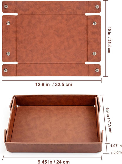 BONNY DODO Valet Tray for Men PU Leather Tray Organizer with Partition, Storage Keys, Watch & Practical Storage for Table Nightstand Living Room Bedroom (Dark Brown-Square)