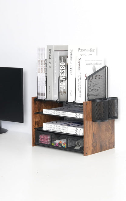 Wooden Desk Organizer - 4-Tier Desktop File Organizer with Drawer, Wooden Paper Tray, Vertical File Holders & 2 Pen Holders - Office Desk Organizer for Papers, Mail, Notebooks, Stationery