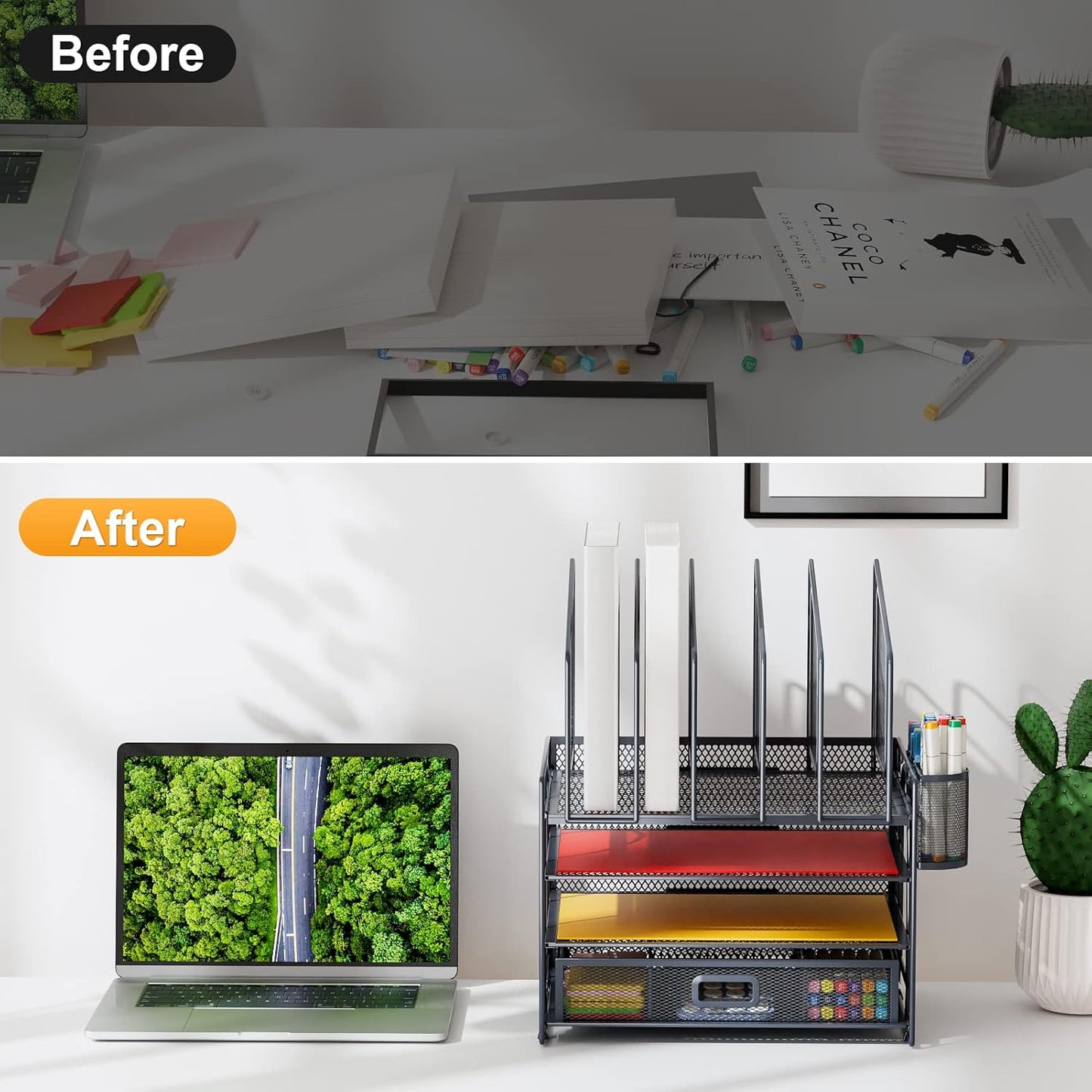 Marbrasse Desk Organizer with Drawer, 4-Tier Mesh File Organizer with 5 Vertical File Holders and 2 Pen Holders, Multifunction Desktop Organizer,Desk Organizers and Accessories for Home Office