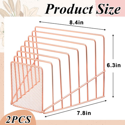2 Pcs 7 Section Wire File Organizer for Desk, Metal Mesh Incline File Holder, Letter & Magazine Folder Rack, Desktop Paper Sorter for Home Office School (Golden)