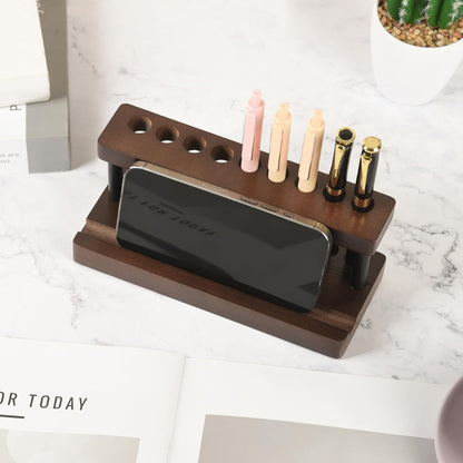 Wooden Pen Holder for Desk, Wood Pencil Holder Fountain Pens Display Stand with 9 Slots and Phone Holder, Stylish Office Desk Decor, Pen Organizer for Office, Home