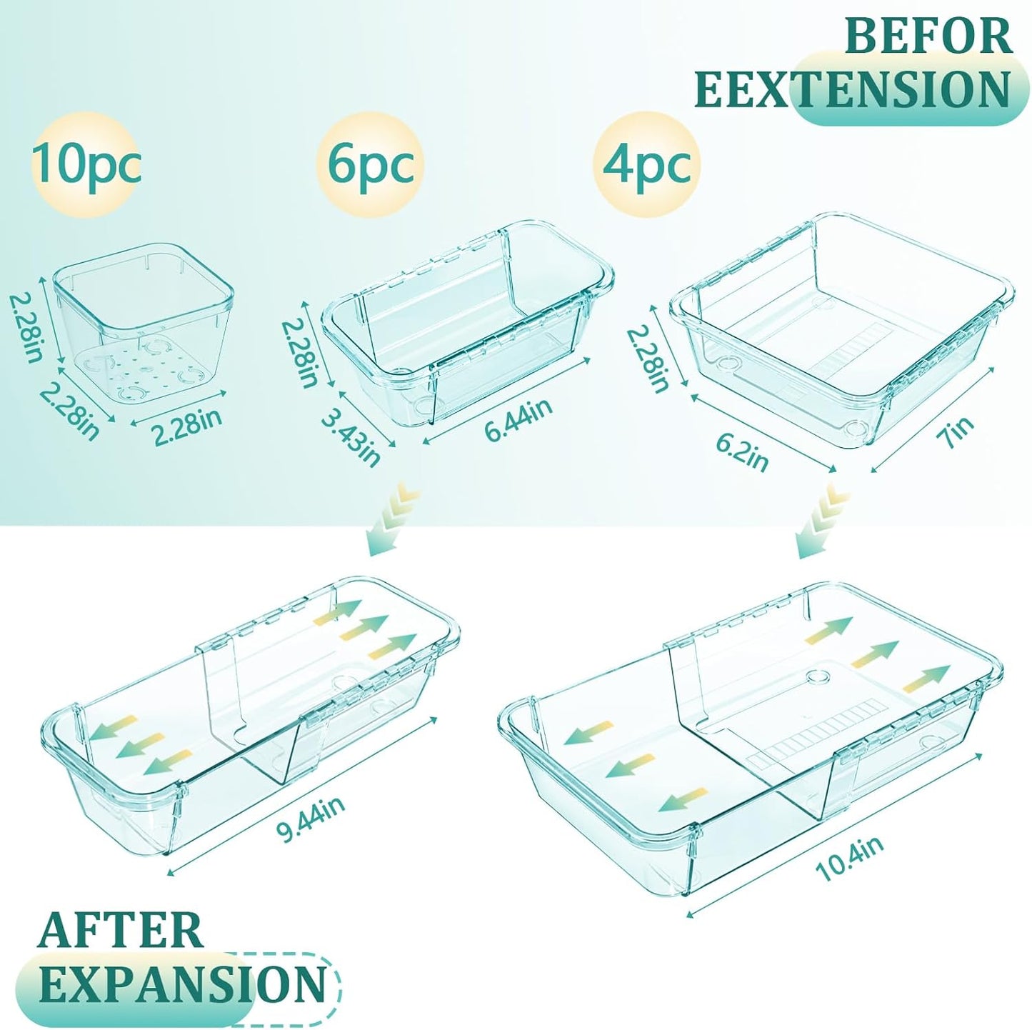 14 Pcs Adjustable Clear Drawer Organizer, Extendable Vanity Storage Bins, Desk Drawer Organizer Set for Makeup, Cosmetics, Bedroom, and Gadgets, Purple