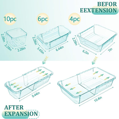 14 Pcs Adjustable Clear Drawer Organizer, Extendable Vanity Storage Bins, Desk Drawer Organizer Set for Makeup, Cosmetics, Bedroom, and Gadgets, Purple