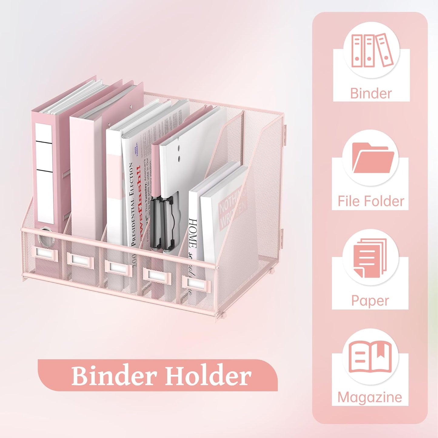 SUPEASY Desk Organizers Metal Desk Magazine File Holder with 5 Vertical Compartments Rack File Organizer for Office Desktop, Classroom, Home Workspace, Black