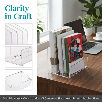 Jucoan Clear Acrylic File Holder, 3 Sections Vertical Desktop Organizer, 9 x 6.5 x 6.5 Inch Office File Sorter Stand Rack for Documents Letter Book