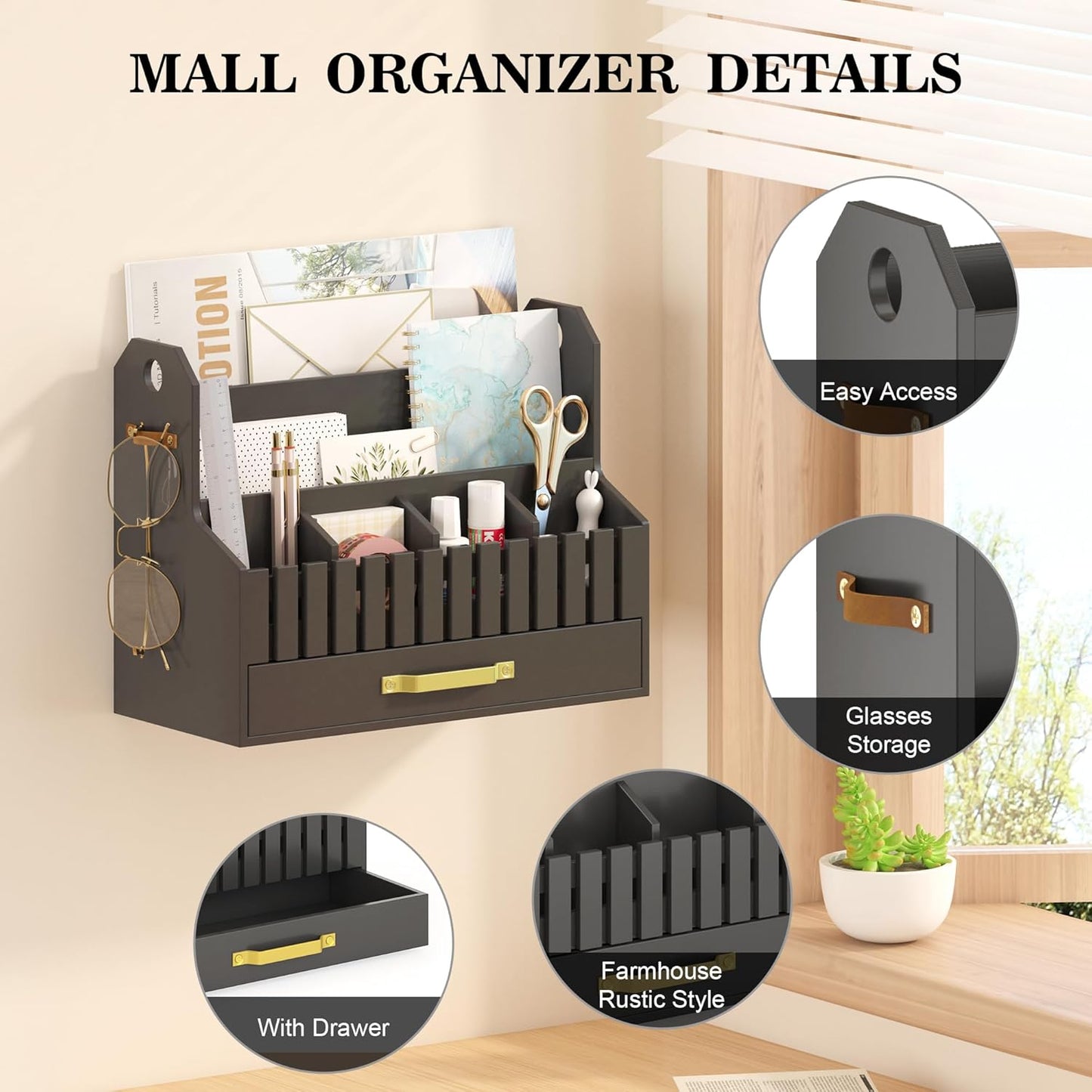 Bamboo Mail Organizer Countertop with Drawers, Wood Desk File Organizer Desktop Paper Organization Storage Bill & Letter Sorter Holder for School Home Office Supplies, No Assembly Required (Nature)