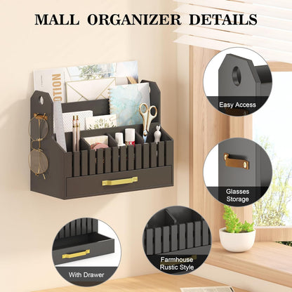 Bamboo Mail Organizer Countertop with Drawers, Wood Desk File Organizer Desktop Paper Organization Storage Bill & Letter Sorter Holder for School Home Office Supplies, No Assembly Required (Nature)