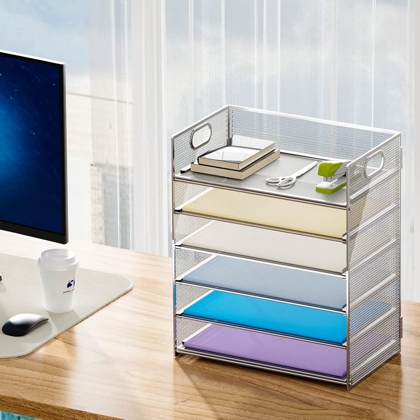 Marbrasse 6 Tier Paper Organizer Letter Tray - Mesh Desk File Organizer with Handle, Paper Sorter Organizer for Letter/A4 Office File Folder Holder - Black