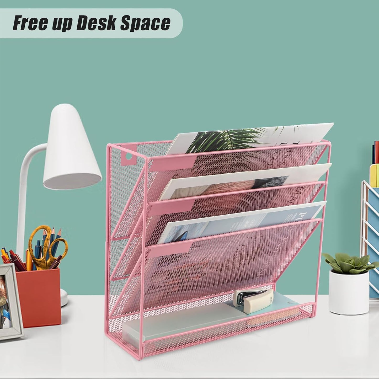 EASEPRES Desk File Organizer Mesh 6-Tier, Hanging Wall Mount Document Organization Stand, Desktop Vertical Mail Paper Folder Holder Rack with Bottom Tray for Office Home Cubicle Countertop, Black