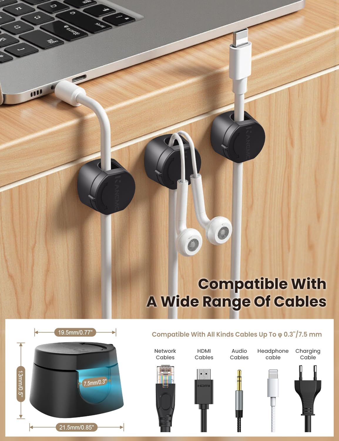 Kanemc Cable Clips Cord Holder for Desk, 360° Spin Magnetic Wire Organizer Self Adhesive Cord Management for Office Desks Cars Home Kitchen Electronic Accessory (White, 6 PCS)
