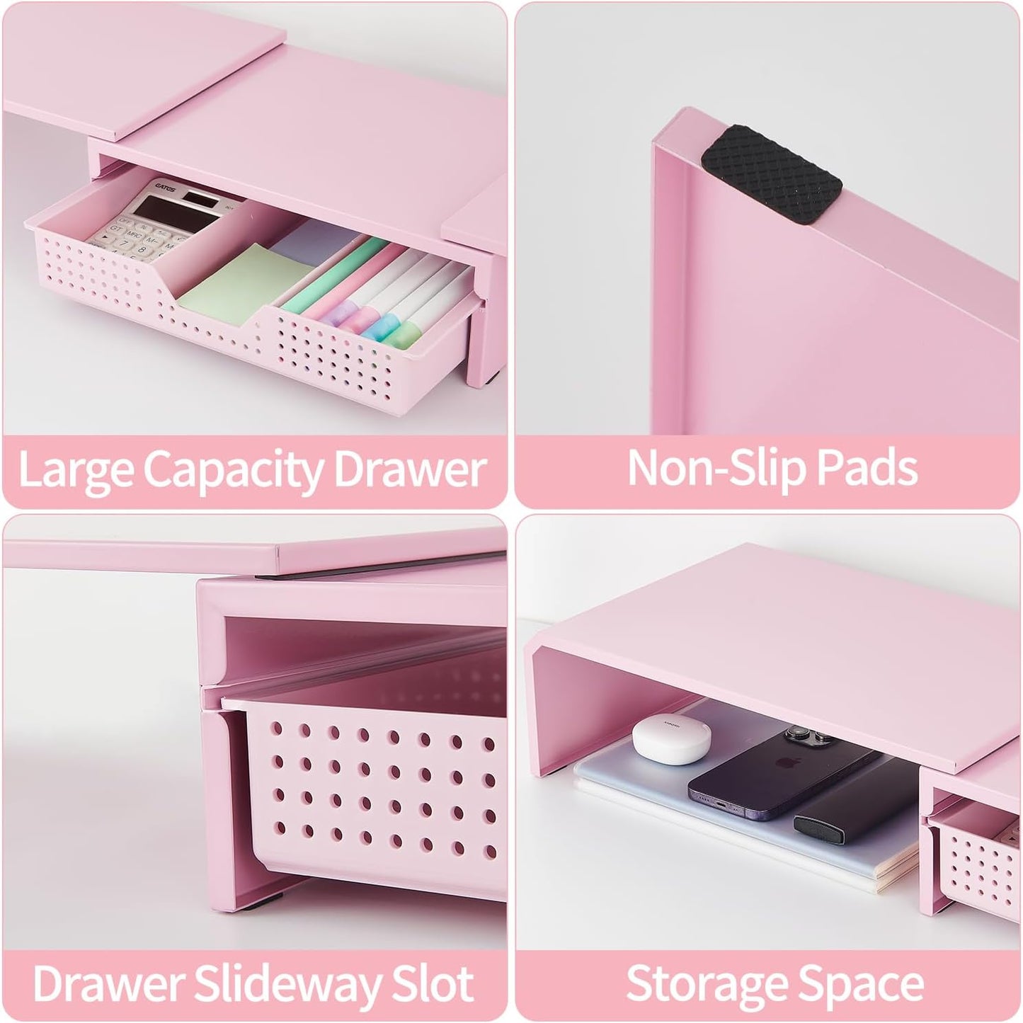 LEKETREE Dual Monitor Stand Riser with Drawer, Desk Organizer and Accessories, Pink Monitor Stand for Desk, Desktop Stand for Computer, Laptop, TV and More (Pink)