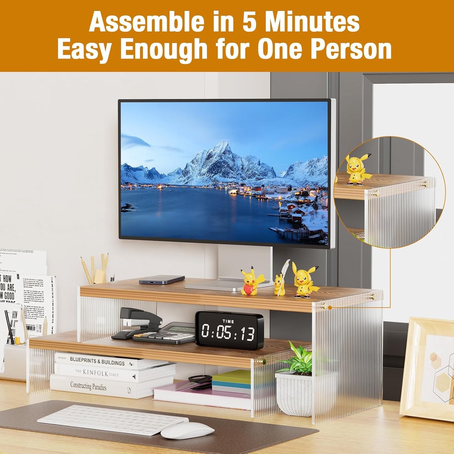 YGYQZ Adjustable Monitor Stand Riser with Acrylic Legs丨7.67" Wide Dual Monitor Stand for Desk丨2-Tier Wood Desktop Organizer for Computer, Laptop, Printer & PC丨Modern Aesthetic Desk Shelf(wood-flat)