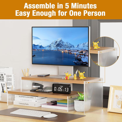 YGYQZ Adjustable Monitor Stand Riser with Acrylic Legs丨7.67" Wide Dual Monitor Stand for Desk丨2-Tier Wood Desktop Organizer for Computer, Laptop, Printer & PC丨Modern Aesthetic Desk Shelf(wood-flat)