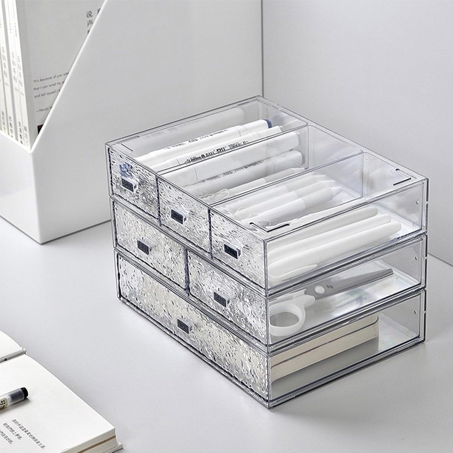 Desk Drawer Organizer, Stackable Plastic Storage Drawer, Grocery Organizer For Stationery/Office Supplies (Blue, 3 Compartment)