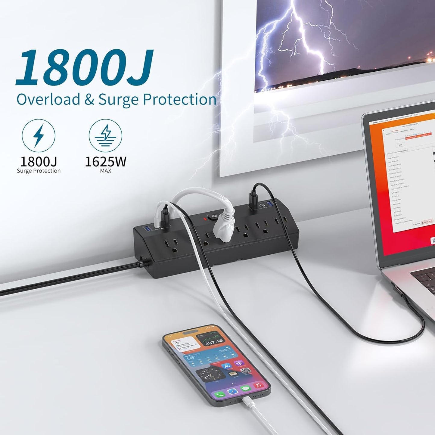 Desk Clamp Power Strip with 40W Fast Charging Station, JXGUCAT 10FT Flat Plug Desk Mount Power Strip Surge Protector, Removable Extension Cord with 2 USB-C Ports 6 Outlets, Fits 1.8" Tabletop Edge