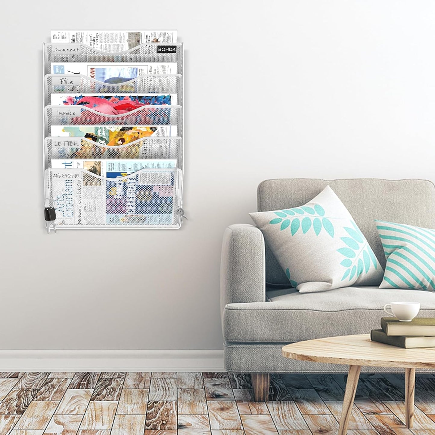 BOHDK Wall File Organizer, 6 Tier Hanging File Folder Mail Organizer, Vertical Mesh Metal Wall Mount Hanging File Holder, Paper Document Magazine Rack for Home Office Black