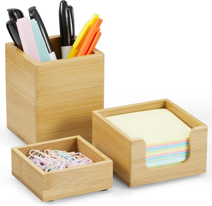 Desk Organizer Set of 3 - Bamboo Office Desk Accessories - Desk Organizers and Accessories for Women Men - Set incl. Pencil Pen Holder, Paperclip Storage and Sticky Note Holder