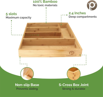 Pristine Bamboo Expandable Drawer Organizers for Kitchen - Extra Deep Non-Slip 17” x 14.6” (expands up to 25 inches) - Dark Wooden Silverware Divider (10 Compartments) – Organize Cooking Utensils