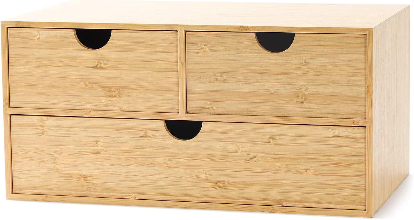 Wisuce Bamboo Desk Drawer Organizer, Desktop Organizer with Drawers Tabletop Storage Organization Box for Office Home Toiletries Supplies Vanity, No Assembly Required(3 Drawers-left right)
