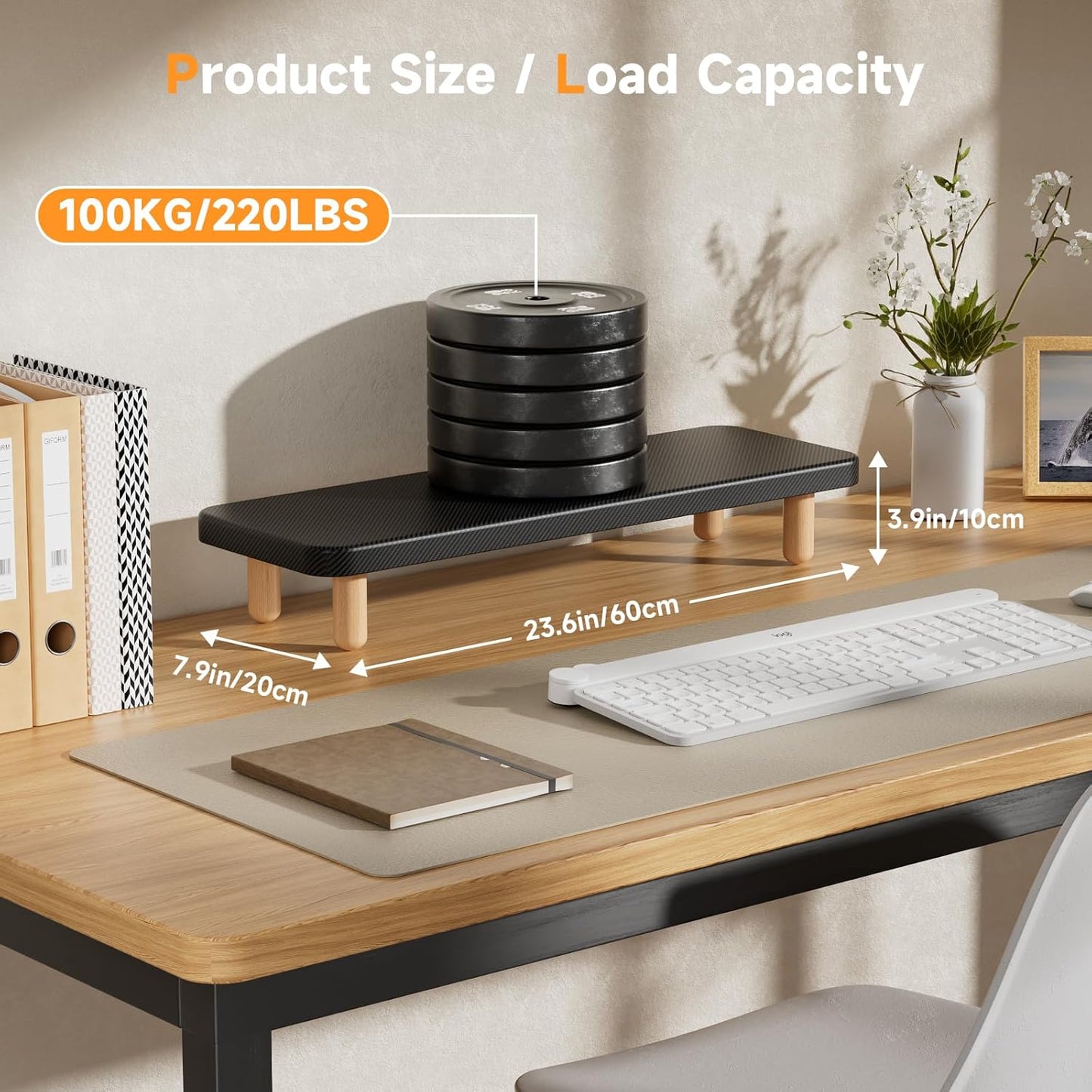 Monitor Stand Riser, 24 Inch Wood Desk Organizer with Monitor Stand & Storage Computer Monitor and Laptop Riser Multifunctional Laptop Stand Desk Organizer for Office Home Screen/Laptop/PC (Light Walnut)