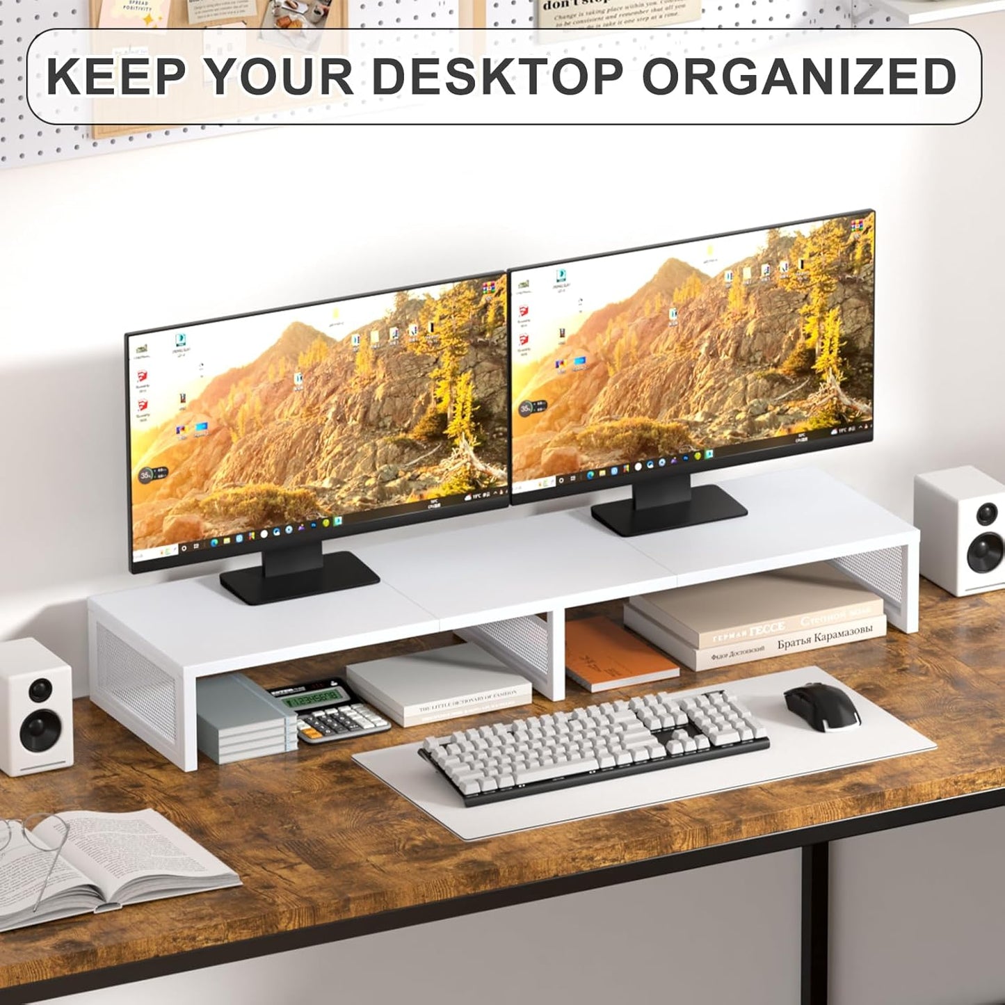 Dual Computer Monitor Stand Riser, Desk Organizers and Accessories, Printer & TV Stand, Desk Shelf, Office Desk Accessories & Desktop Workspace Organizer for Office Supplies, Black