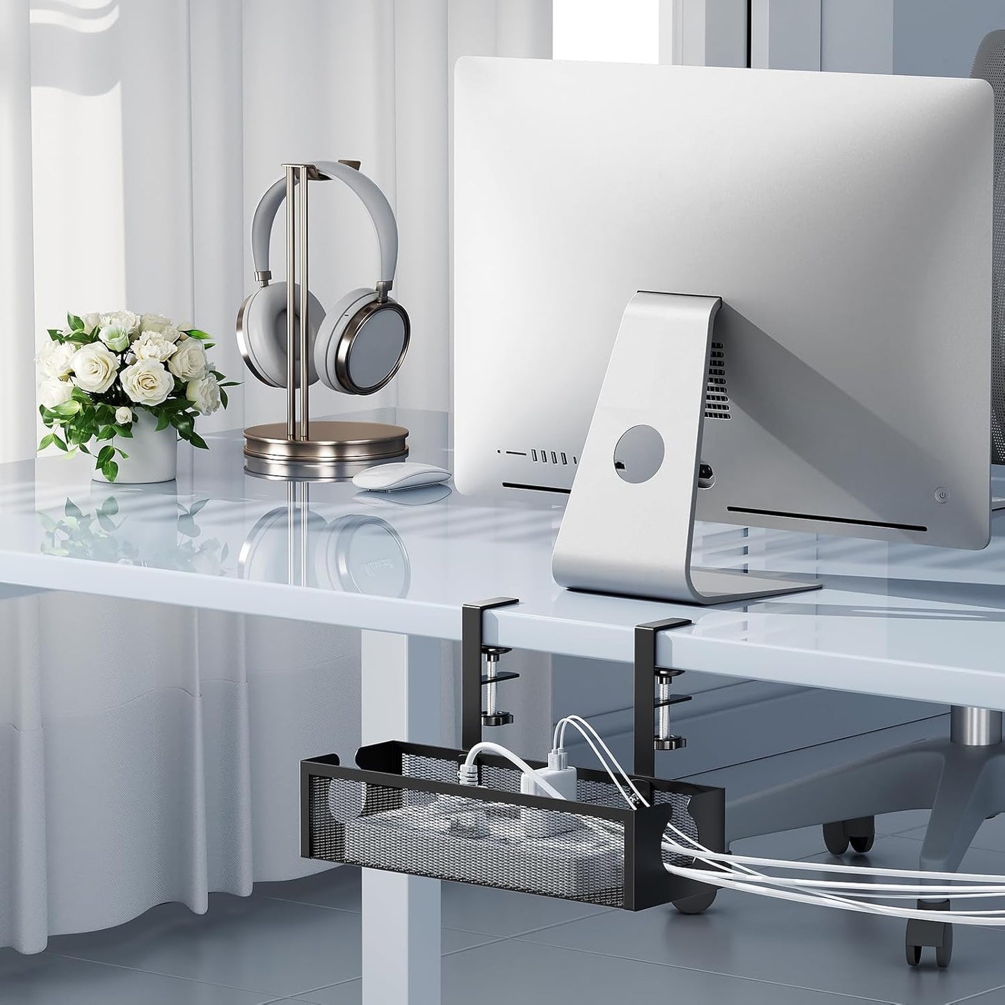 YECAYE No-Drill Metal Under Desk Cable Management Tray, Power Strip & Cable Organizer for Home Office,Under Desk Storage,Organizer Tray,White