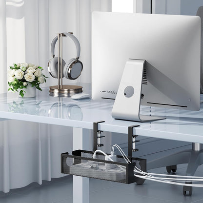YECAYE No-Drill Metal Under Desk Cable Management Tray, Power Strip & Cable Organizer for Home Office,Under Desk Storage,Organizer Tray,White