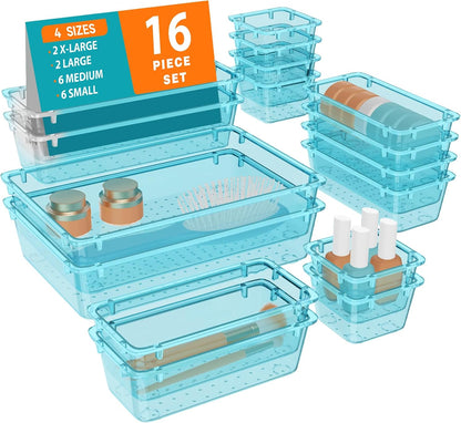 WOWBOX 32 PCS Clear Plastic Drawer Organizer Set, 4 Sizes Desk Drawer Organization and Storage Containers for Makeup, Cosmetics, Jewelry and Gadgets in Kitchen, Bathroom, Bedroom, Office, Clear Black