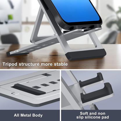 Cell Phone Stand,Aluminum Foldable Phone Holder for Desk,Adjustable Phone Kickstands Travel Essentials for iPhone 17 16 15 14 13 12 11 Pro Max Plus Samsung S25 S24 S23 Ultra Plus-Silver