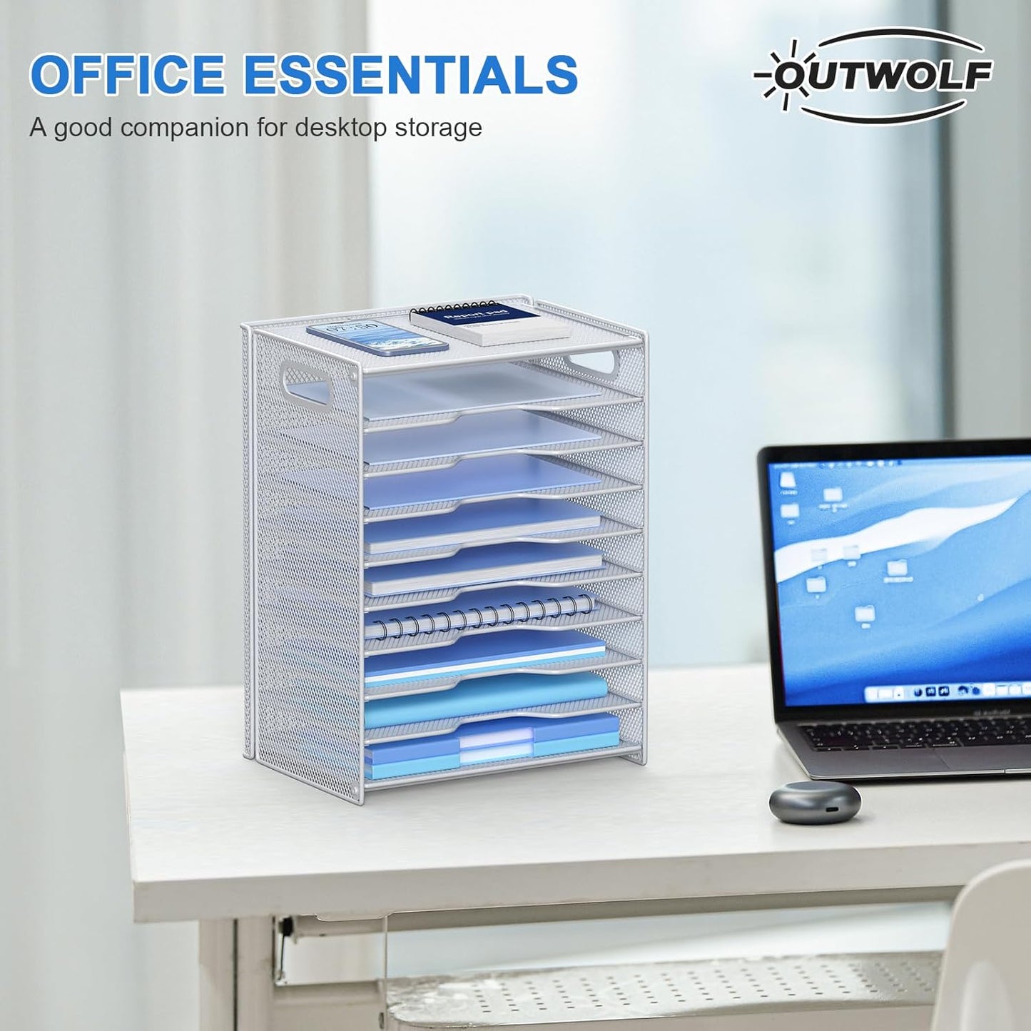 OUTWOLF 10 Tier Paper Organizer - Letter Tray Mesh Desk File Organizer with Handles for Office School Desktop, Black