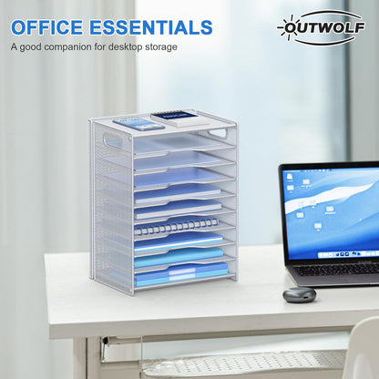 OUTWOLF 10 Tier Paper Organizer - Letter Tray Mesh Desk File Organizer with Handles for Office School Desktop, Black