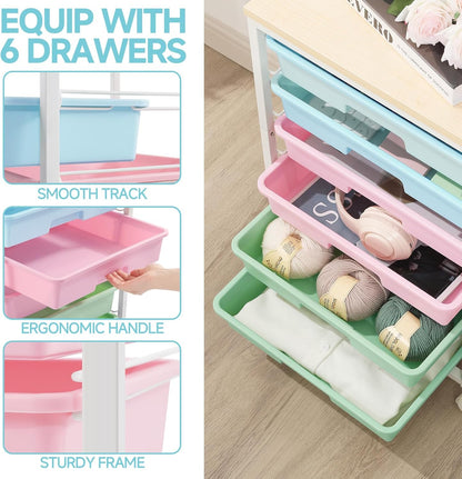 SYKIARIOL Rolling Storage Utility Cart with 6 Drawers and Wooden Tabletop for Under Desk Storage,White