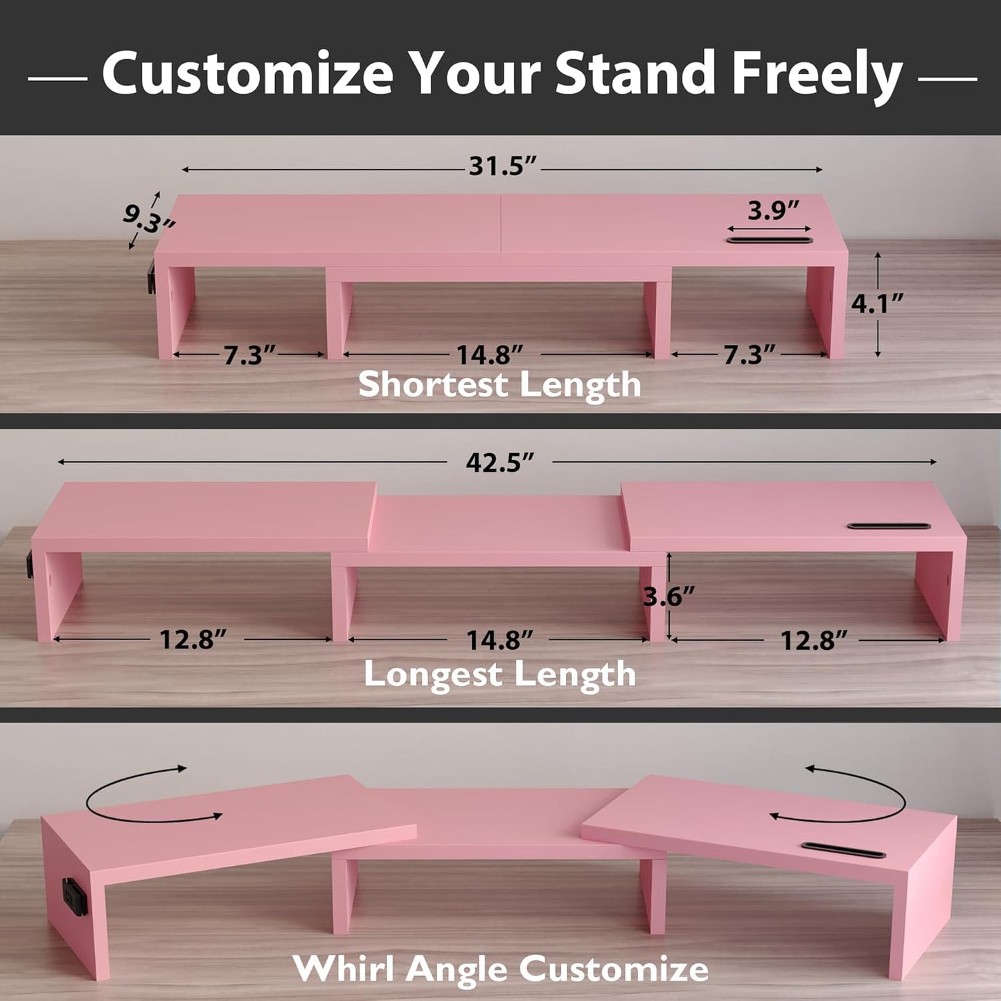 BONTEC Dual Monitor Stand Riser with Smartphone Holder, Adjustable Length & Swivel Angle, Ergonomic Wooden Desktop Organizer for PC Monitor, Laptop, Printer, Large Storage, White
