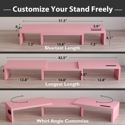 BONTEC Dual Monitor Stand Riser with Smartphone Holder, Adjustable Length & Swivel Angle, Ergonomic Wooden Desktop Organizer for PC Monitor, Laptop, Printer, Large Storage, White