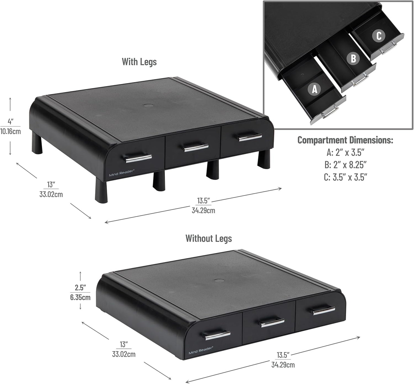 Mind Reader Monitor Stand, Laptop Riser, Desktop Organizer, Storage Drawer, Office, Plastic, 13.5"L x 13"W x 4"H, Black