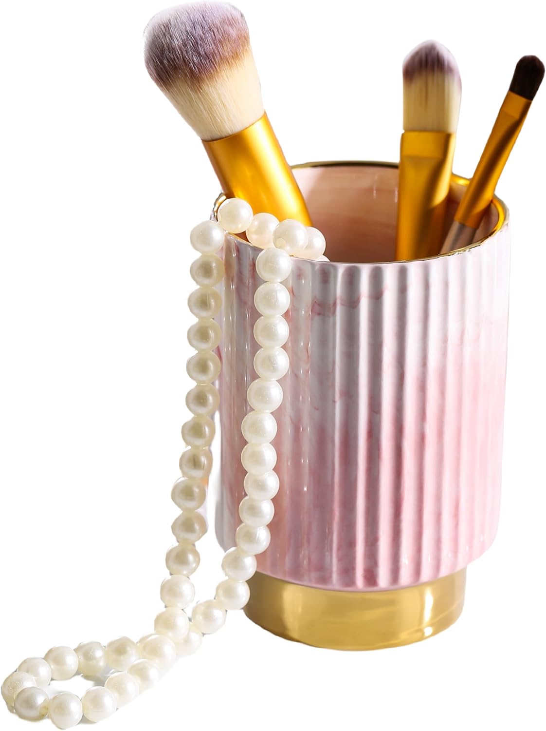IEEK Makeup Brush Holder Organizer Pen Pencil Cup Glass Make Up Brushes and Toothbrush Organizer for Bathroom Vanity Desktop European Style Striped Brushes Container,Grey and Gold