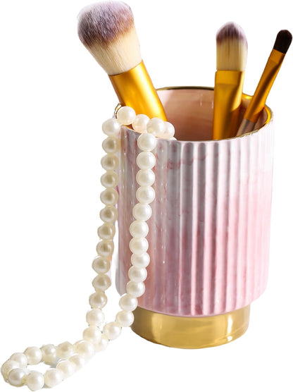 IEEK Makeup Brush Holder Organizer Pen Pencil Cup Glass Make Up Brushes and Toothbrush Organizer for Bathroom Vanity Desktop European Style Striped Brushes Container,Grey and Gold