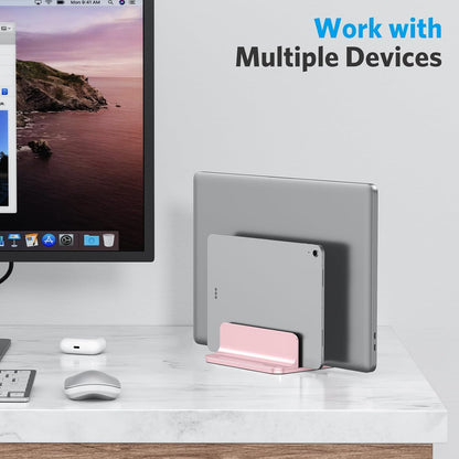 OMOTON Vertical Laptop Stand [Updated 3-Slots Version], Desktop Aluminum Mac Book Stand with Adjustable Dock Size, Fits All Mac Book, Chrome Book and Gaming Laptops (Up to 17.3 inch), Starlight