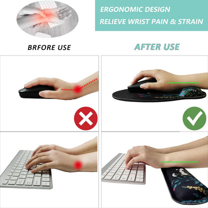 Keyboard Wrist Rest Pad Mouse Pad with Wrist Support Set of 3, Mousepad with Non-Slip Rubber Base, Ergonomic Memory Foam Mouse Wrist Cushion Support for Home Office Laptop Computer, Flower Black