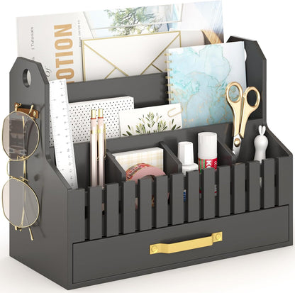 Bamboo Mail Organizer Countertop with Drawers, Wood Desk File Organizer Desktop Paper Organization Storage Bill & Letter Sorter Holder for School Home Office Supplies, No Assembly Required (Nature)