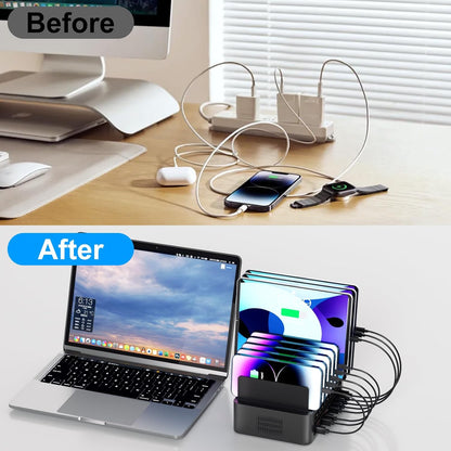 150W/35A Charging Station for Multiple Devices, 20 Port USB C Fast Charging Station with Adjustable Dividers - Organizer Charging Dock for Smartphone, iPad, Kindle, Tablet & More