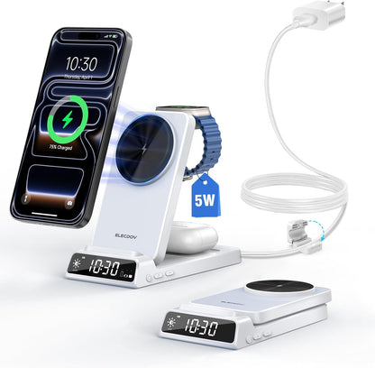 3 in 1 Charging Station for Apple, ELECDOV Magnetic Charger for iPhone, Foldable Wireless Charger with Clock, Travel Watch Charger Stand for iPhone 17/Air/16/15 Series, iWatch 10/AirPods 4 (Grey)