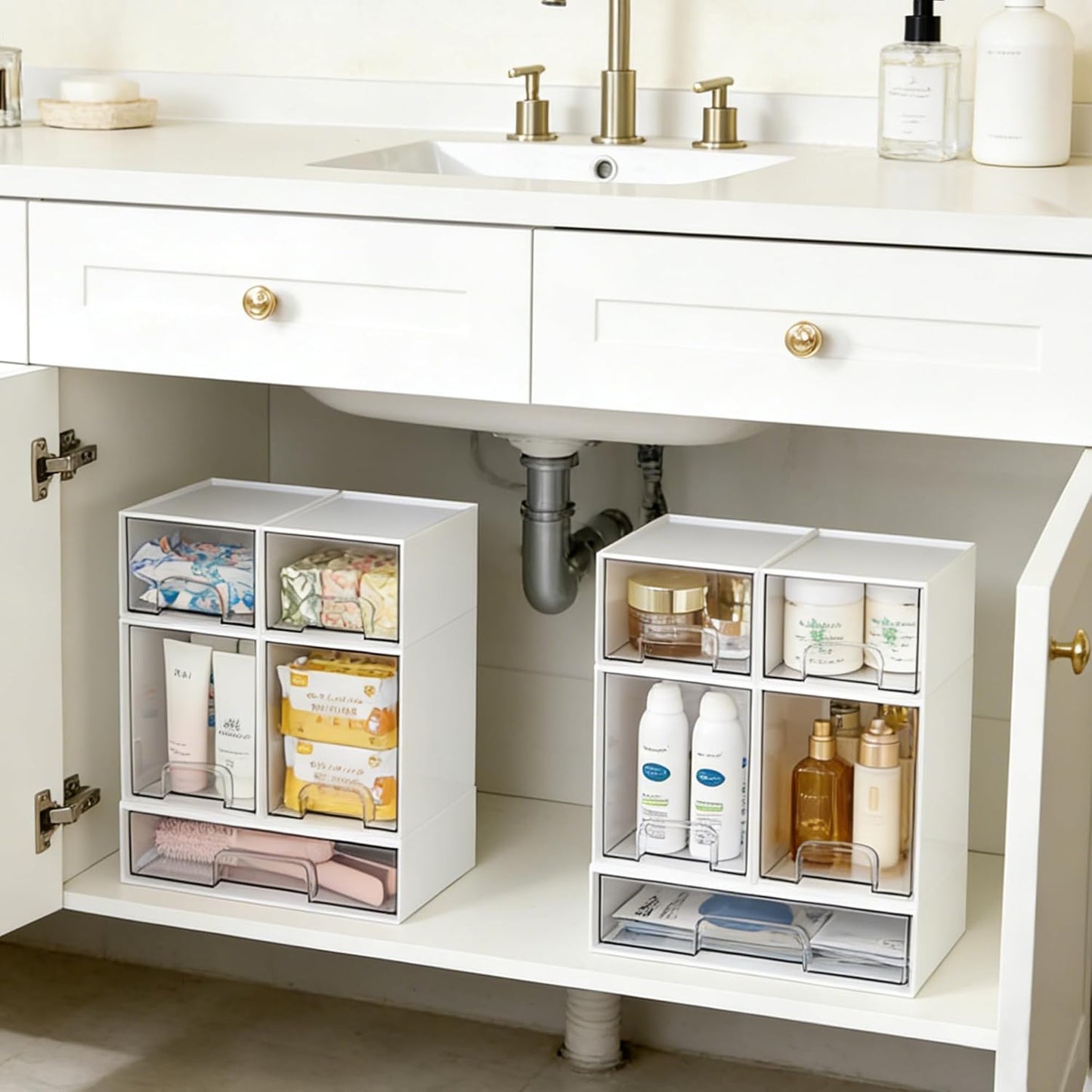Vtopmart Stackable Storage Drawers Set of 4, Clear Plastic Organizer Bins for Bathroom Supplies,Ideal for Cabinet,Pantry,Laundry Room Organization