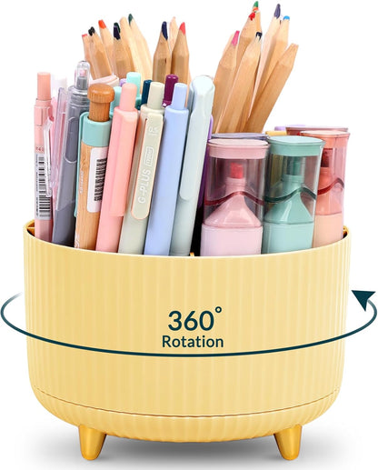 KONVINIT Pencil Pen Holder for Desk, 5 Slots 360 - Degree Rotating Desktop Organizer, Cute Desk Organizers and Accessories for School, Home, Office and Art Supply, Beige